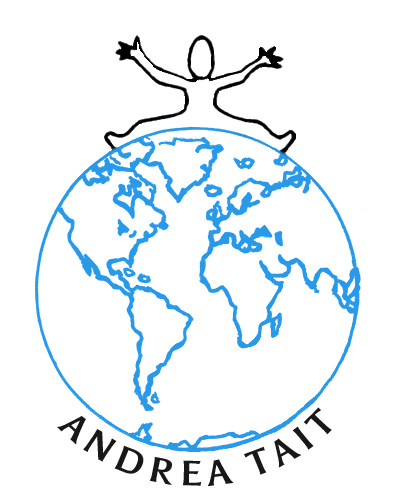 Line drawing of a person sitting on top of the earth with arms and legs outstretched.