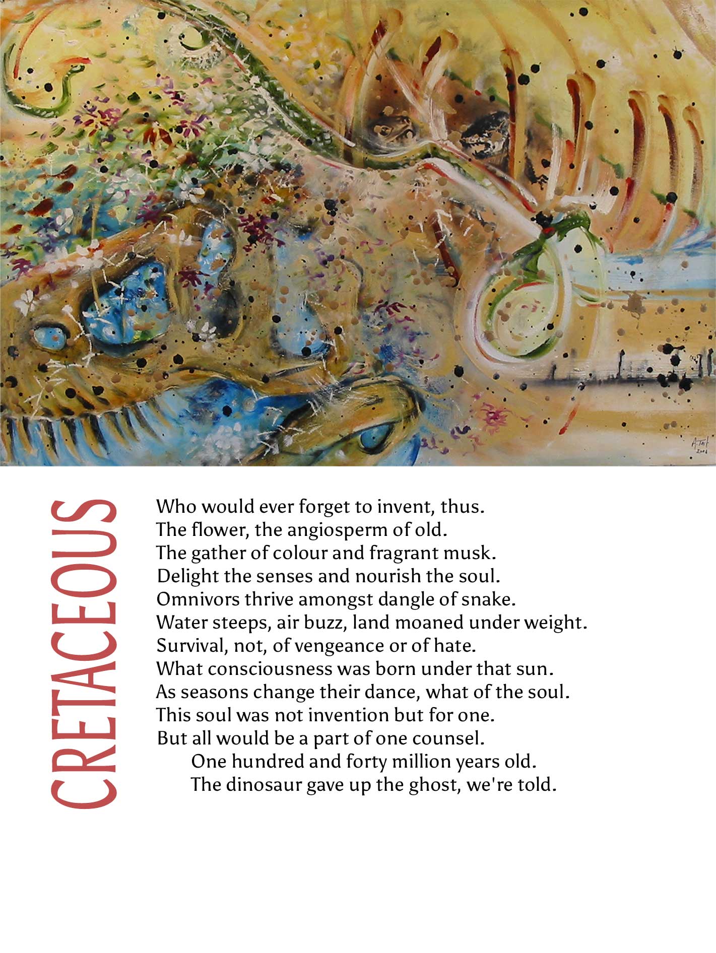 Artwork titled Cretaceous, the painting is mostly of yellow with dinosaur ribs and a skull with highlighted from within by a bright blue colour. There are splatters of paint all over the painting.