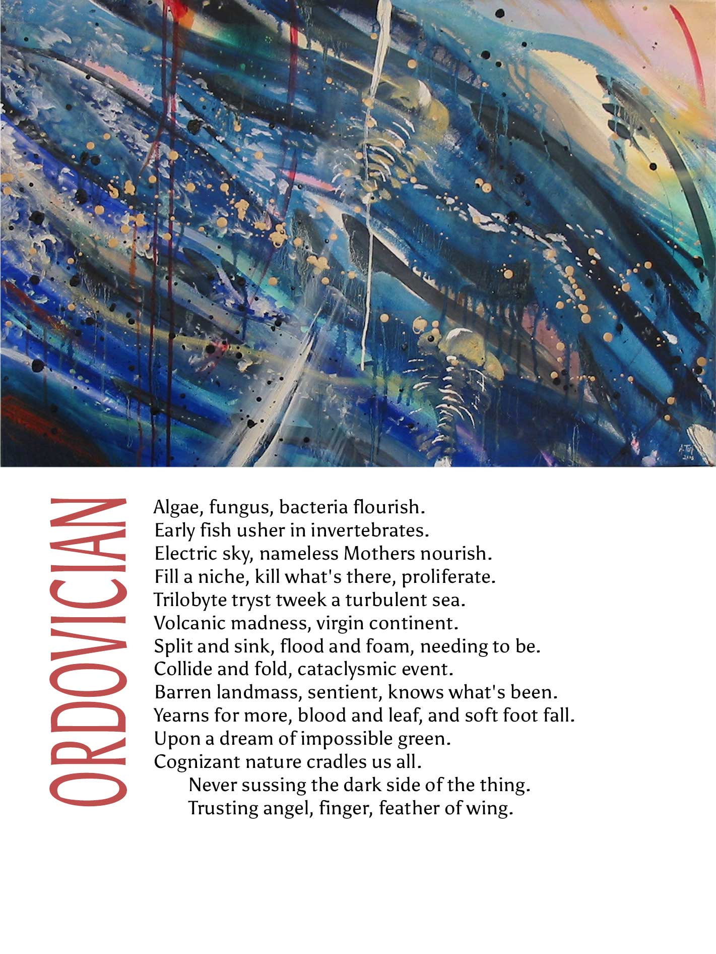Artwork titled Ordovician is an abstract painting of waves, curves, and trilobyte shapes. The accompanying prose speaks about the explosive diversification of life and world-shaping geological forces that set the stage for life to move to land.