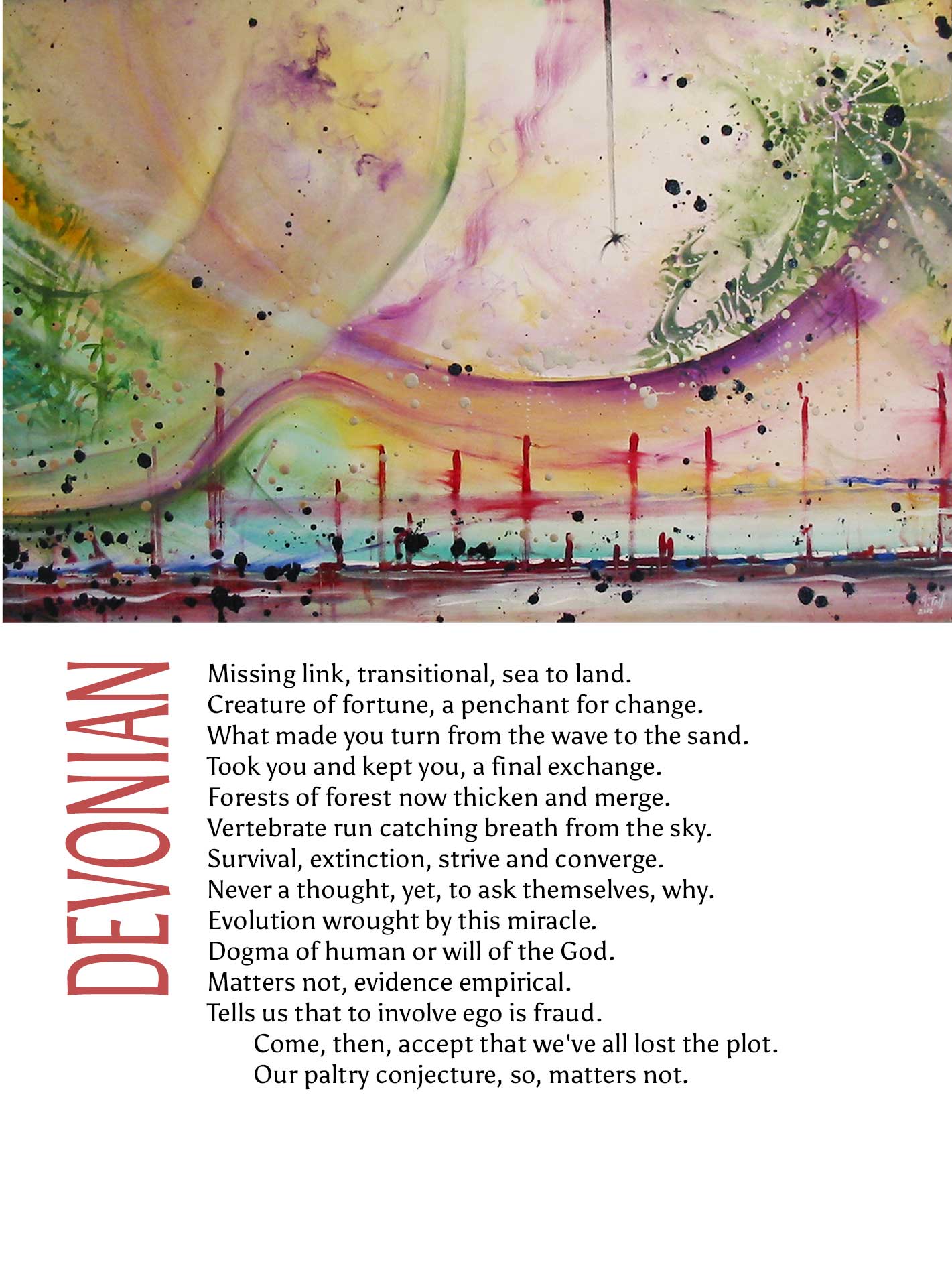 Artwork titled Devonian is an abstract painting of spheres in the sky, a spider's web, and water meeting land. The painting is accompanied by prose describing the missing link that made its transition from sea to land.