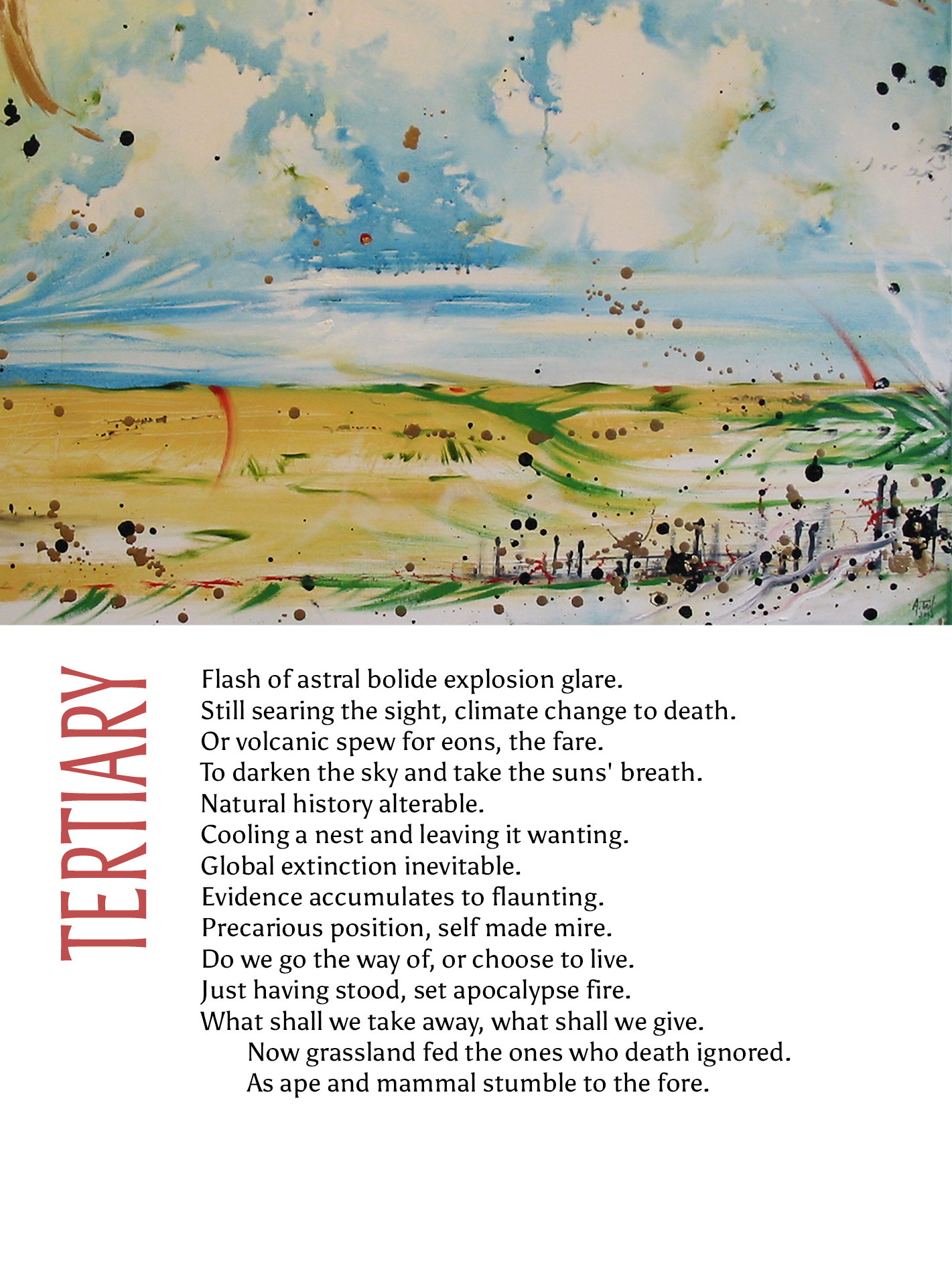 Artwork titled Tertiary. There are rolling hills of yellow and green, a sky of blue with clouds, and splatters of paint in the other colours of the series.