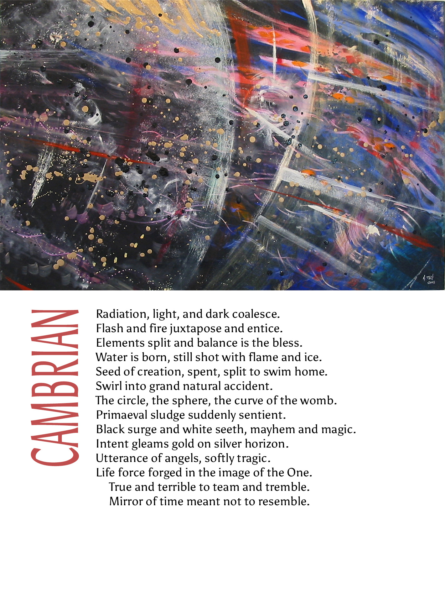 Artwork titled Cambrian is an abstract painting of curves and lines. The accompanying prose reflects on the moment the universe woke up and looked back at itself, a beautiful accident that set the stage for everything that followed.