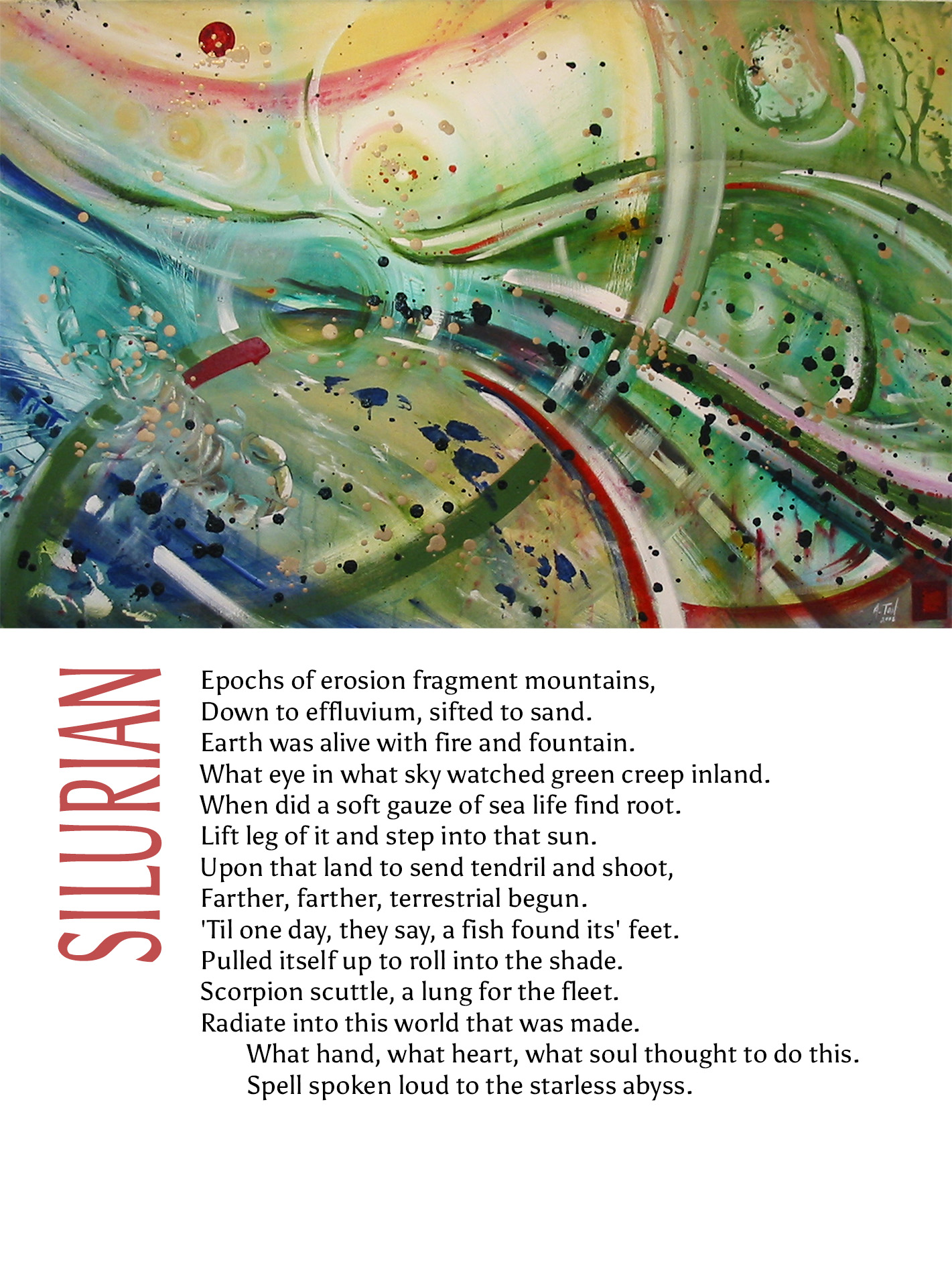 Artwork titled Silurian is an abstract painting of swirls, curves, plants and the shape of a scorpion. The accompanying prose provides a scientific description along with wonder. Was the grand emergence of life of deliberate creation or a magic spell.