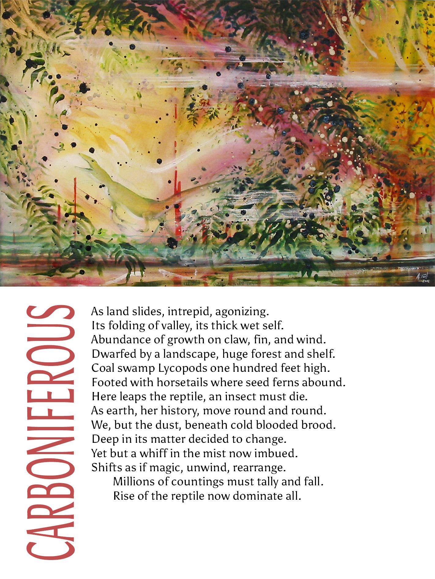 Artwork titled Carboniferous of an abstract painting of water, trees, ferns, and a lizard running on two legs with mouth open. The painting is accompanied by prose describing the environment where reptiles ruled.