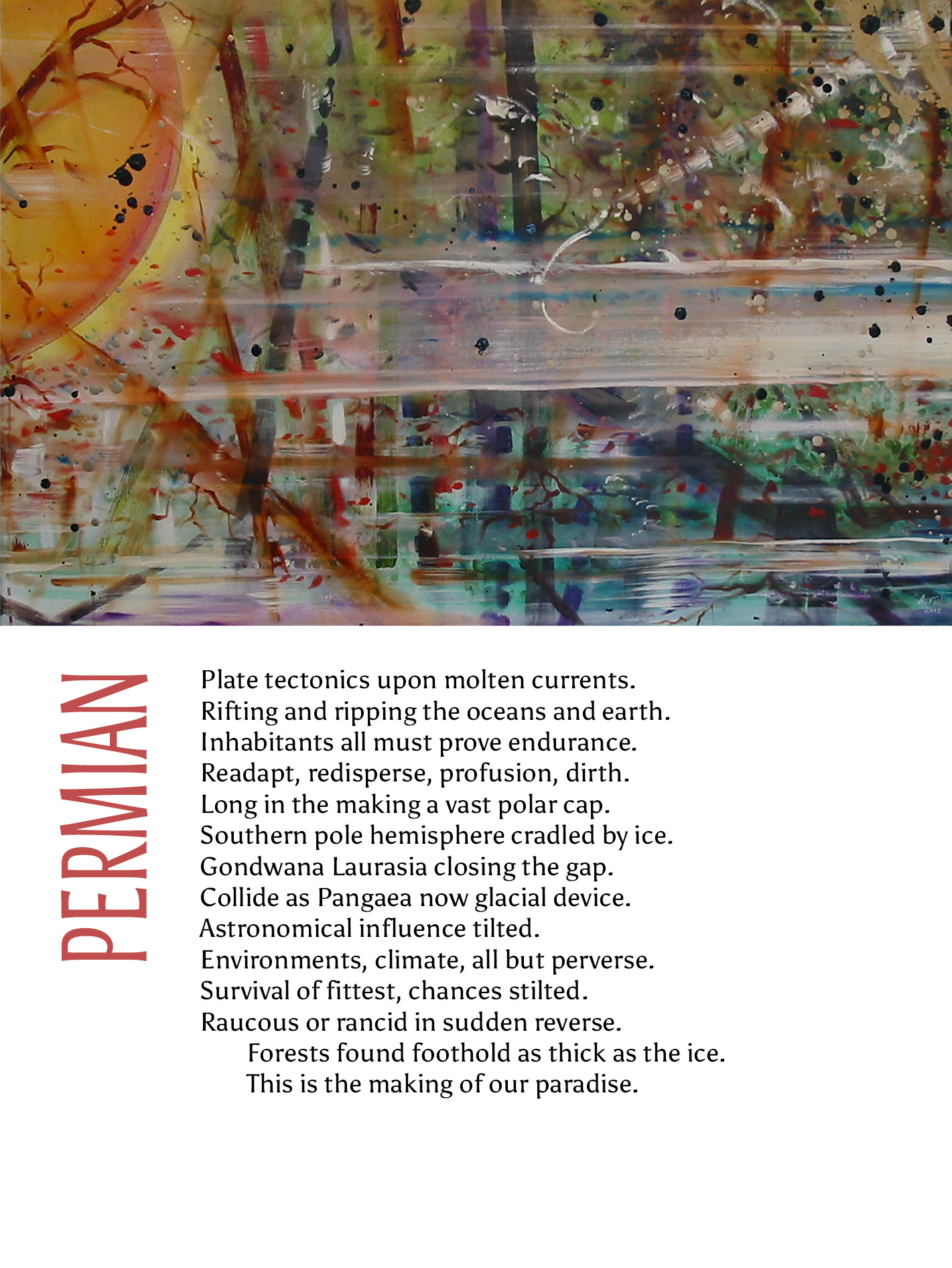 Artwork titled Permian is an abstract painting with streaks of color; orange, green, purple, and black, accompanied by a poem describing plate tectonics, climate, and the formation of Earth's environments.
