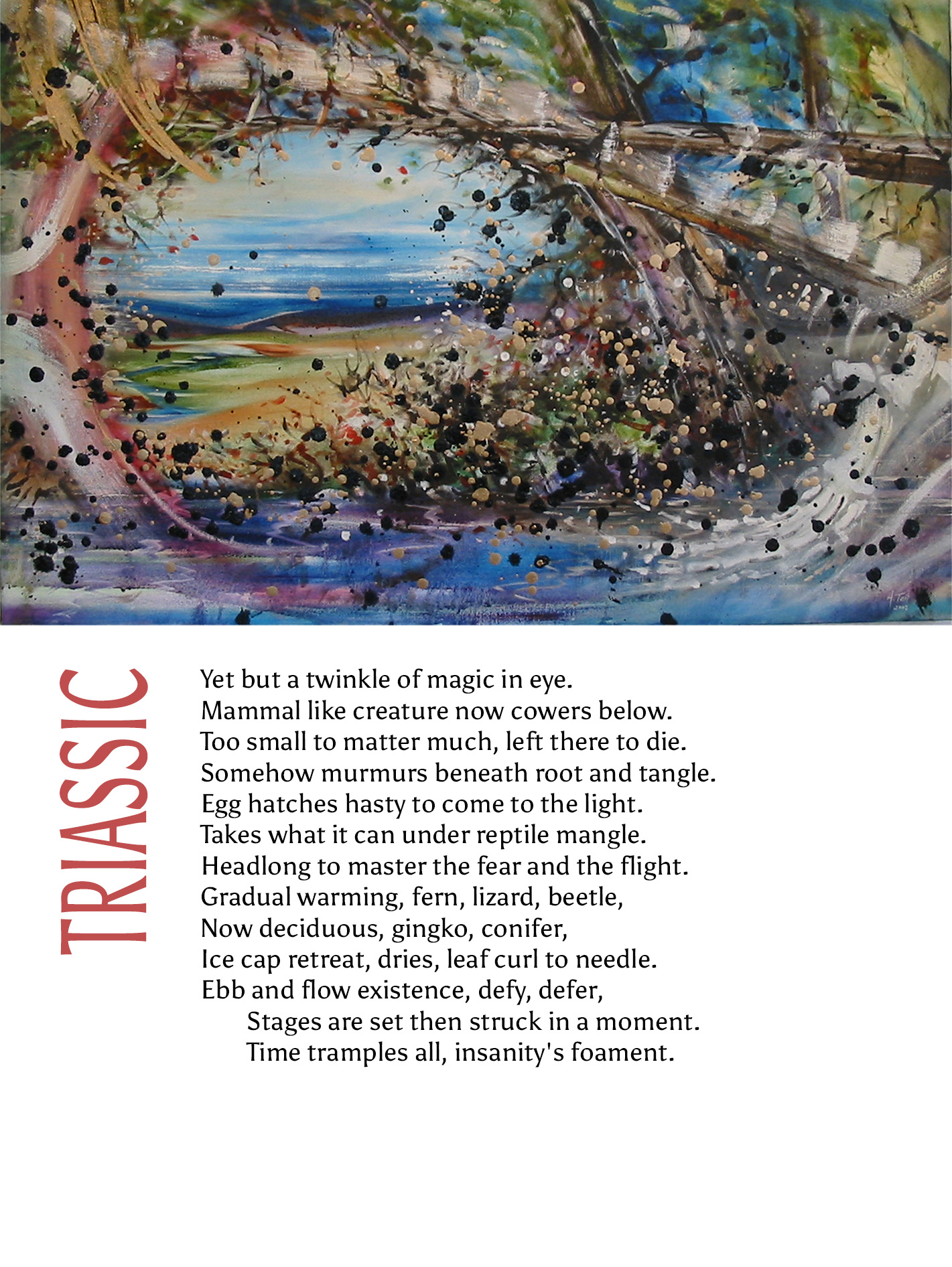 Artwork titled Triassic is an abstract painting of swirling branches and foliage with splattered paint, accompanied by prose about prehistoric life.